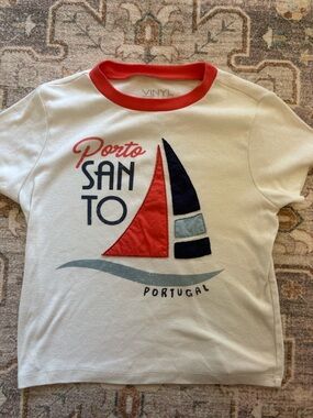 Vinyl Icons women’s coral and blue T-Shirt